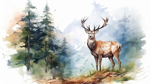 A large deer in a spruce forest. water color painting technic