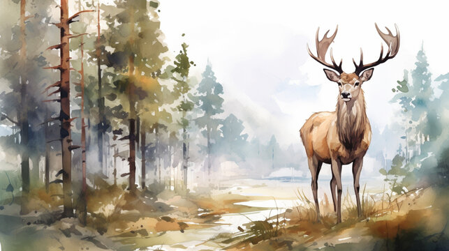 A deer in a spruce forest. water color painting technic