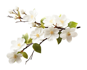 White flowers tree branch isolated on transparent background. PNG file, cut out	