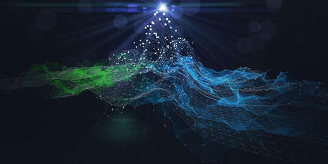 Abstract background grid polygonal wireframe graph with dots and spot on dark. Technology graph concept in virtual space. Big Data. Banner for business, science and technology.