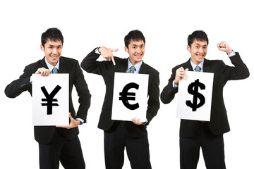 Chinese Businessman holding card sign showing Dollar sign.