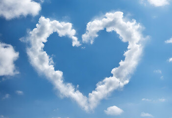 Naklejka na ściany i meble Fluffy Heart-Shaped Clouds Decorating the Blue Summer Sky in a Beautiful Natural Atmosphere