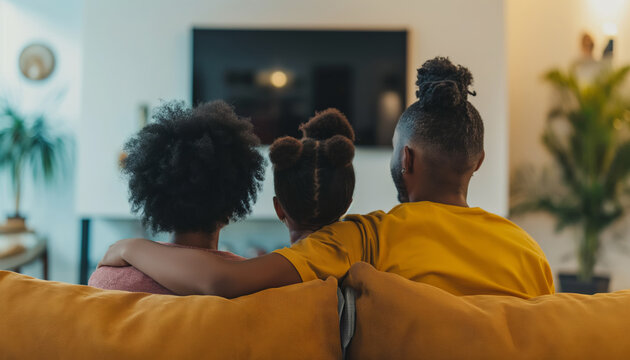 Happy family daddy daughter and mum watching TV on the sofa back view