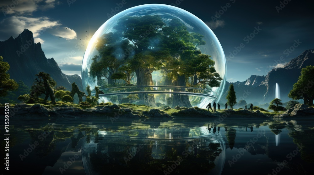 Poster a futuristic landscape with a large tree in the middle of the image and a lake in the middle of the 