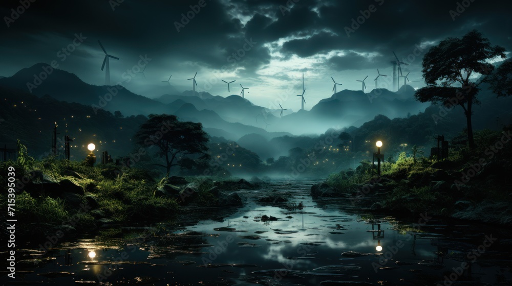 Poster a dark landscape with a stream running through the middle of it and a lot of wind mills in the dista