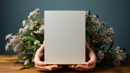  a person holding a white box in front of a bunch of flowers on a wooden table with a blue wall in the background.