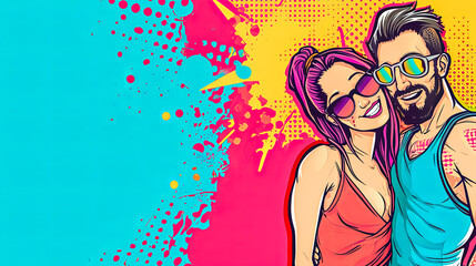 Cartoon couple in sunglasses against a splash of colors. retro, copy space