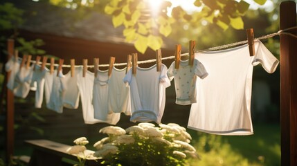  a line of clothes hanging on a clothes line with white flowers in the foreground and a house in the background.