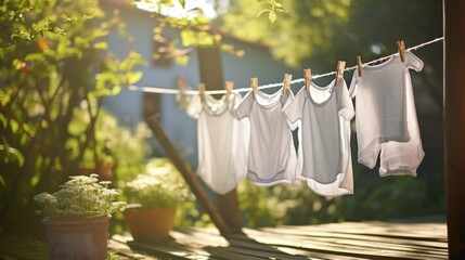  a line of clothes hanging on a clothes line in front of a house with a potted plant in the foreground. - obrazy, fototapety, plakaty