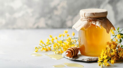 Jar of honey with flowers of acacia and dipper on light background - obrazy, fototapety, plakaty