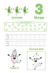 Leisure games for preschool kids on one page. Dot to dot, trace, color and learn number three