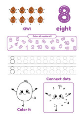 Leisure games for preschool kids on one page. Dot to dot, trace, color and learn number eight