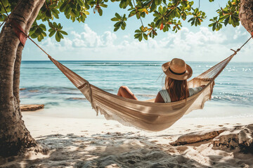 A woman in a sun hat enjoys a peaceful moment in a hammock, swaying gently by the seaside, with lush green foliage framing the tranquil ocean view
