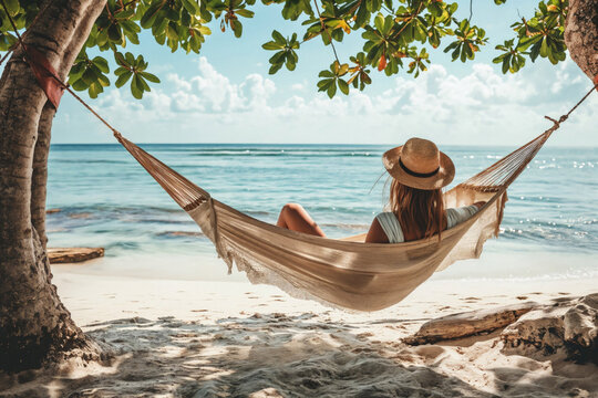 A woman in a sun hat enjoys a peaceful moment in a hammock, swaying gently by the seaside, with lush green foliage framing the tranquil ocean view - Powered by Adobe
