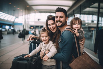 A happy travelling family who is coming out of an airport gate.