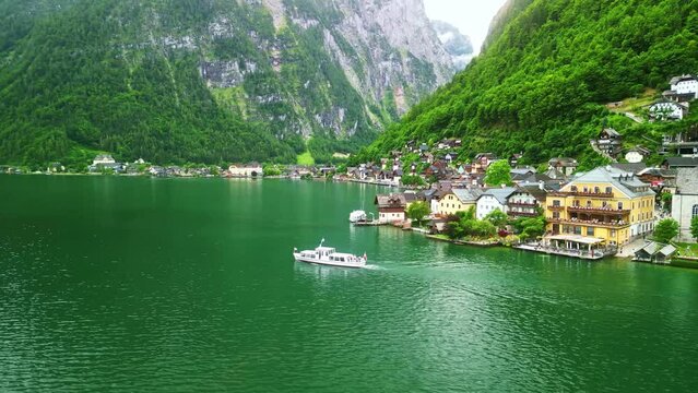 Drone Austria. Hallstatt village, famous landmark in Austrian Alps. popular tourist sightseeing destination. 
