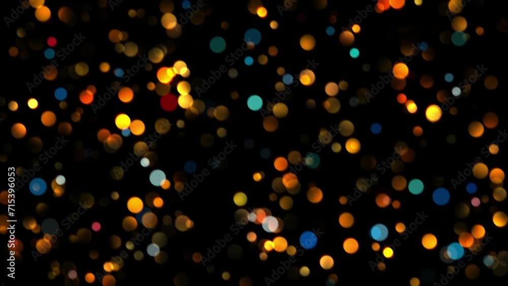 Poster animation of small round blue and orange particles in bokeh