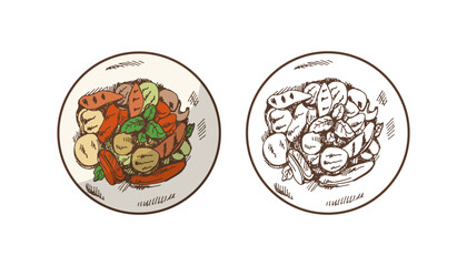 Organic food. Hand-drawn colored and monochrome vector sketch of plate of grilled vegetables. Vintage illustration. Decorations for the menu of cafes. Engraved image.