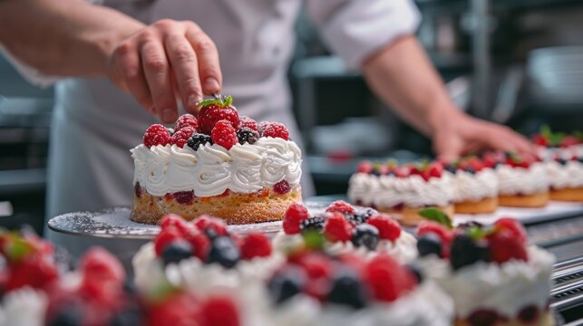 Chef in Kitchen Creating Miniature Birthday Cakes. Generative Ai.