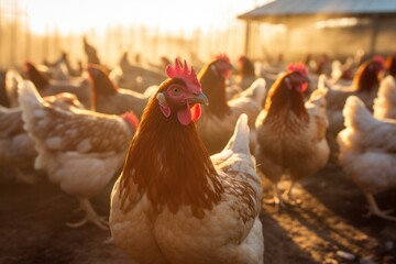 Fototapeta premium Several chickens are looking for food on a rural farm.