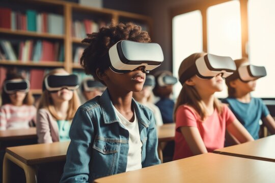 Primary school children use VR glasses in class - Immersive technology education - Powered by Adobe