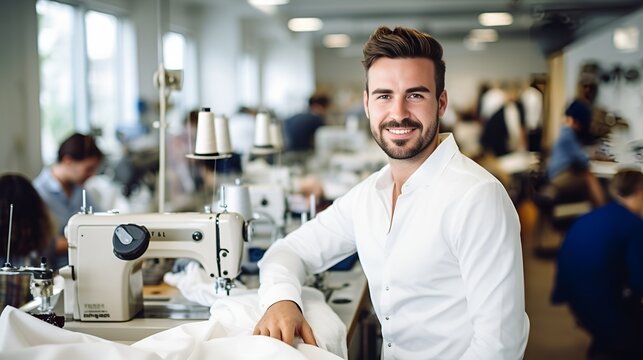 A tailor working on a sewing machine in a charming studio , tailor, sewing machine, charming studio