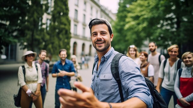 A tour guide leading a group looking at historical landmarks , tour guide, group, historical landmarks