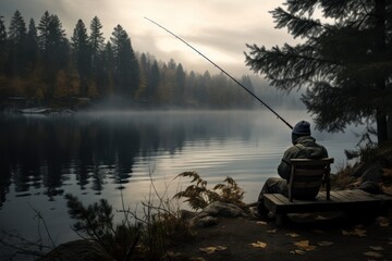  a man sitting on a bench next to a body of water with a fishing rod in his hand and a fishing pole in the air. - Powered by Adobe
