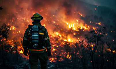 Fire fighter work with Wildfires. Natural Disasters - obrazy, fototapety, plakaty
