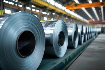 Galvanized galvanized steel sheet rolled in factory Big rolls of steel in a warehouse - obrazy, fototapety, plakaty