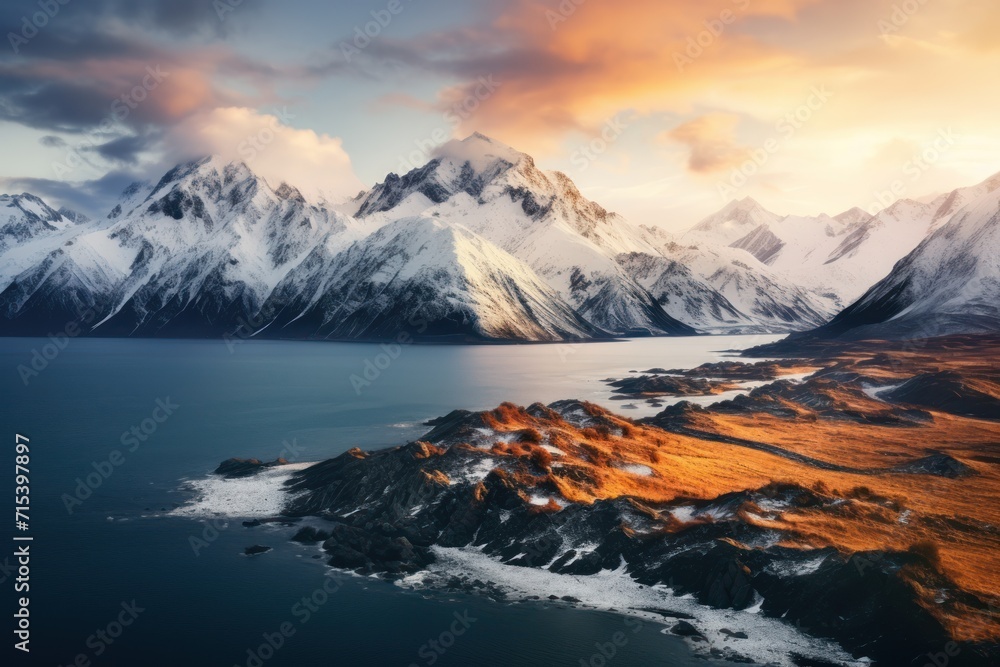 Poster an aerial view of a mountain range with a lake in the foreground and snow covered mountains in the b
