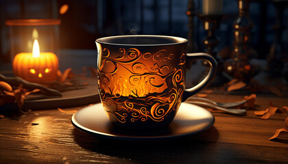 A cup with a Halloween print created with Generative Ai
