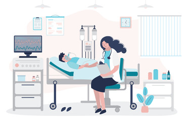 Male character lies in intensive care. Doctor supports seriously ill patient. Child lies in hospital ward