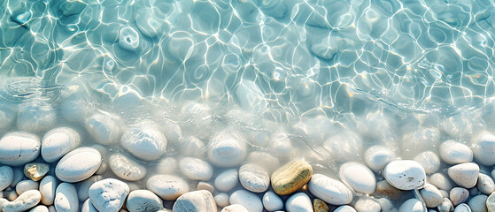 Creative wallpaper abstract image of white rounded smooth pebble stone under transparent water with waves. Backdrop sea bottom pattern surface. Top view  - obrazy, fototapety, plakaty