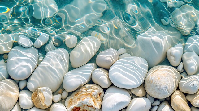 Creative wallpaper abstract image of white rounded smooth pebble stone under transparent water with waves. Backdrop sea bottom pattern surface. Top view 