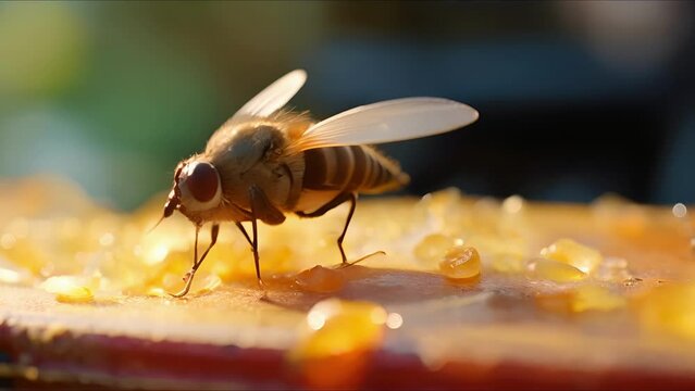 Closeup of a fruit fly near a compost bin, preventing pesky insects from laying eggs in the waste.