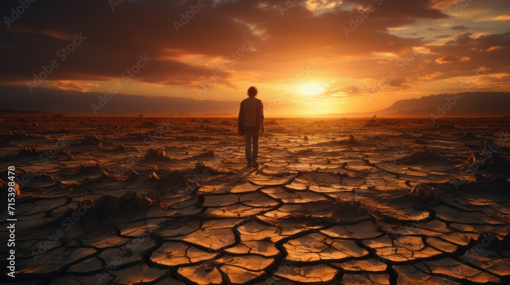 Poster a man standing in the middle of a desert with the sun setting in the background and clouds in the sk