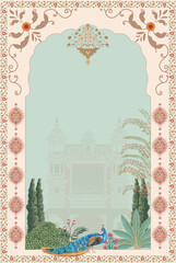 Traditional Mughal garden arch, plant, peacock vector illustration for invitation