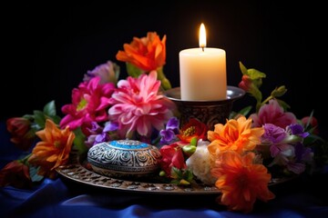 Adoration of colorful flowers and glowing candles on decorative trays