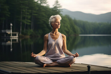 Fototapeta na wymiar Experience tranquility with this meditation pose on a wooden pier overlooking a calm lake at sunrise. Embrace the serenity of nature. AI generative.