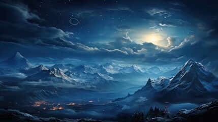  a painting of a mountain range at night with the moon in the sky and stars in the sky above it.