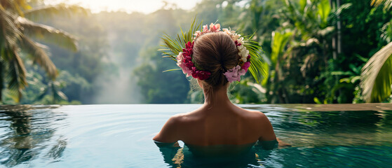 A girl in a pool in an exotic location, on the edge of a pool in front of a rainforest