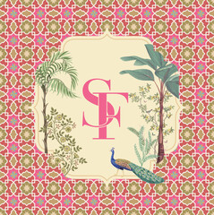 S F typography wedding monogram. Moroccan decorative frame pattern with plant and peacock