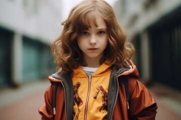 Portrait of a beautiful little girl with curly hair in an orange coat on the street