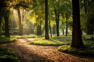 Naklejka na ściany i meble Step into a world of calm and tranquility with this sunlit park scene featuring green trees and a serene atmosphere. AI generative.