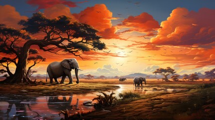 Fototapeta na wymiar a painting of a sunset with a group of elephants in the foreground and a body of water in the foreground.