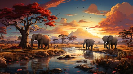Fototapeta na wymiar a painting of a group of elephants walking along a river under a sunset with birds flying in the sky above.