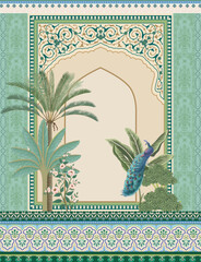 Indian Mughal arch border colorful decorative frame with peacock and plant for wedding invitation