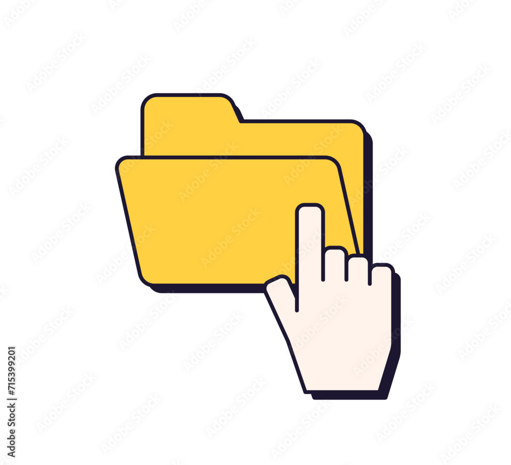 Poster Hand pointer opening computer folder. Empty file icon in retro 90s and 00s design style. Choosing new directory for information storage. Flat graphic vector illustration isolated on white background