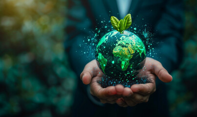 Hands Holding Green Globe with Plants, Safe nature earth day concept, climate change Awareness.